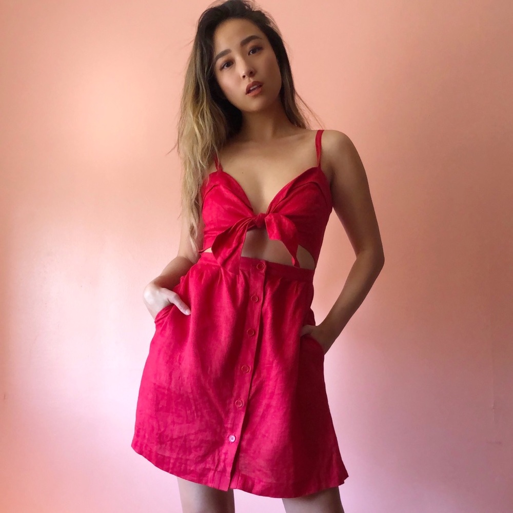 Reformation Red Linen Tie Button Dress